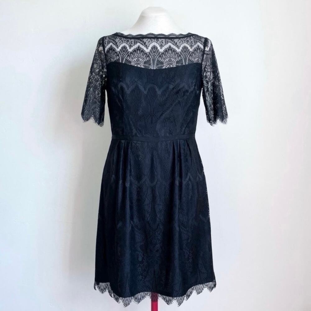 Nine West Black Eyelash Lace Illusion Neckline A-Line Dress